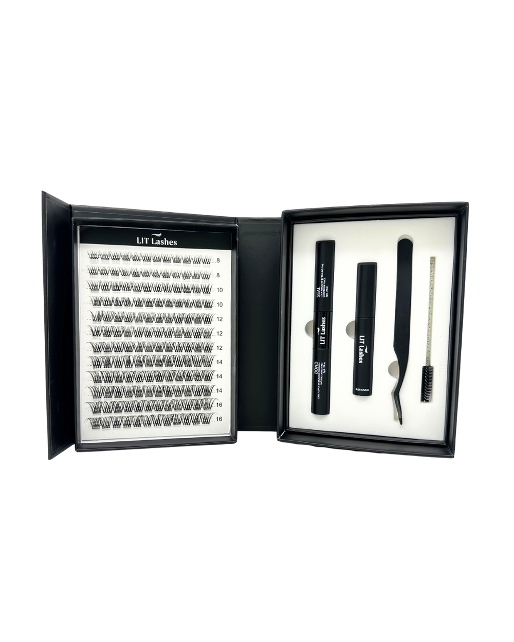 Eyelash extension kit with lashes, glue, and tools in a black box on a white background