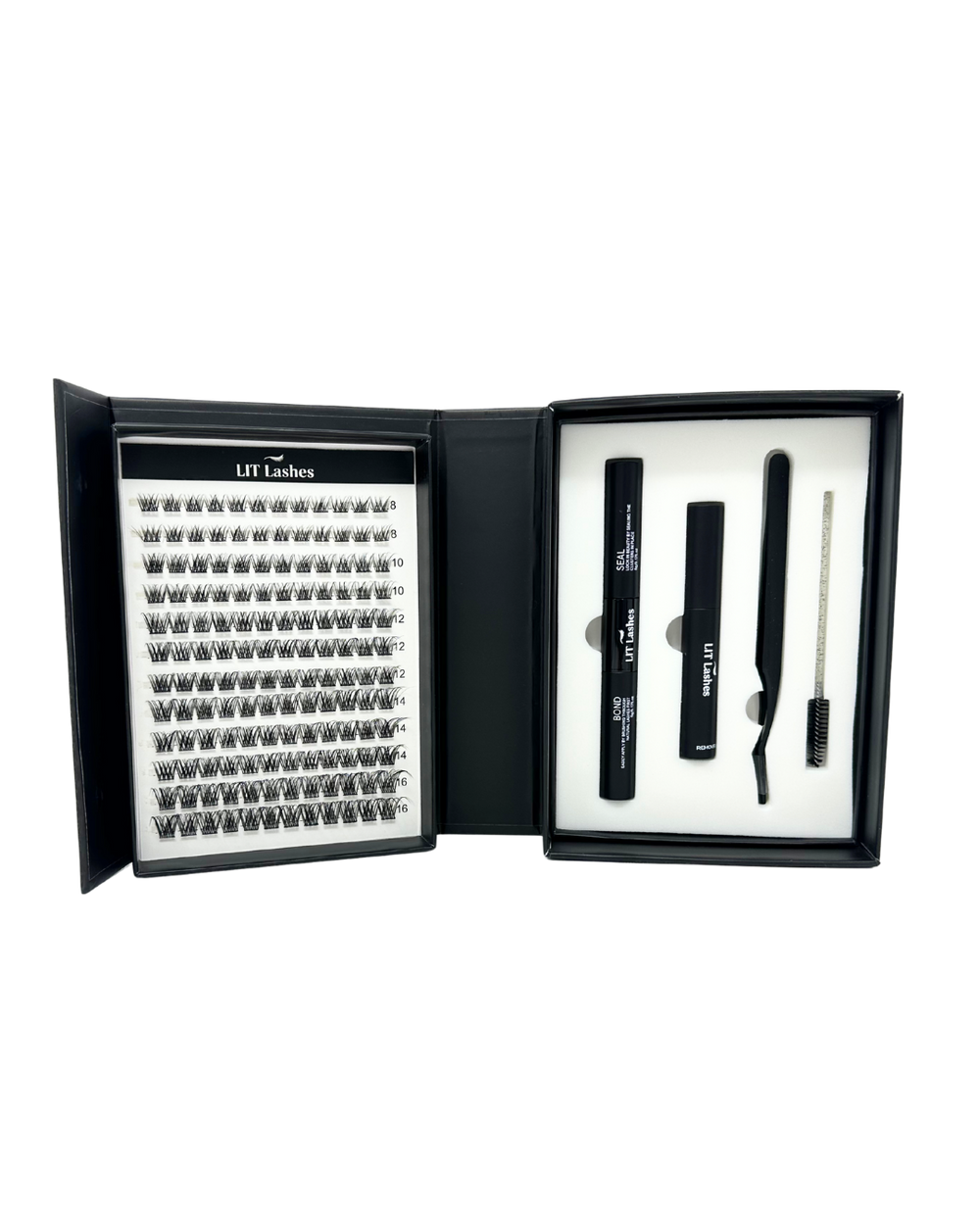 Eyelash extension kit with lashes and tools in a black case on a white background