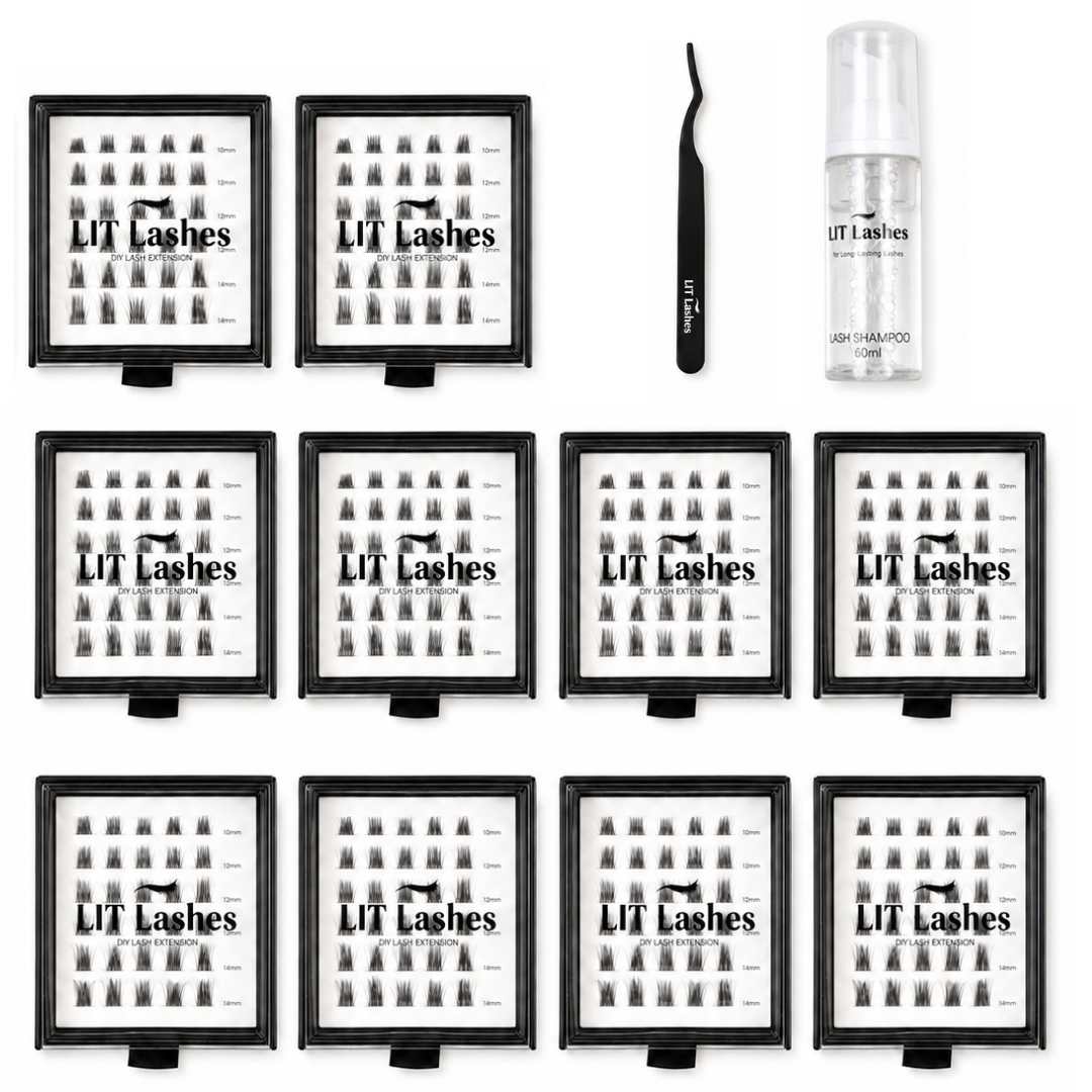 Pack of 10 - Glued Cluster Lashes + FREE Tweezers & Shampoo - LIT Lashes