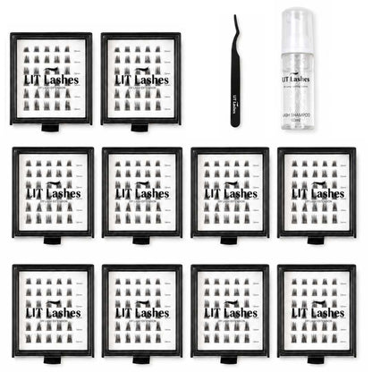 Pack of 10 - Glued Cluster Lashes + FREE Tweezers & Shampoo - LIT Lashes