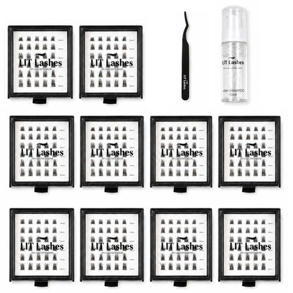 Pack of 10 - Glued Cluster Lashes + FREE Tweezers & Shampoo
