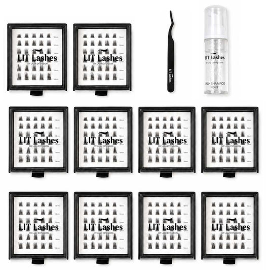 Pack of 10 - Glued Cluster Lashes + FREE Tweezers & Shampoo - LIT Lashes