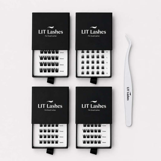 Pack of 4 - Press On Lashes, Mixed Lengths + FREE tweezers - LIT Lashes